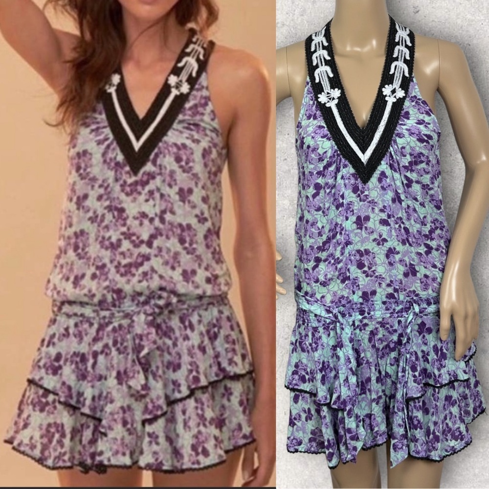 Poupette St Barth Beline Ruffle Mini Dress Revolve Blue Purple Floral Size XS
